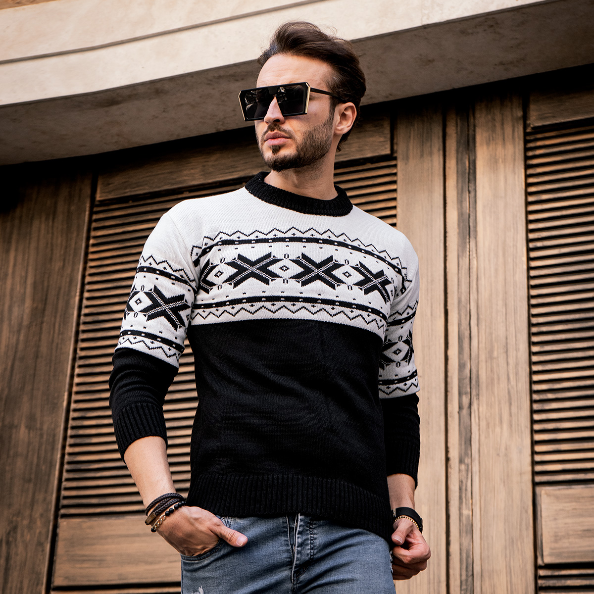 پلیور بافت مردانه سفید مشکی مدل Borna