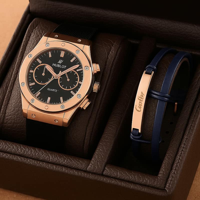 پکیج دستبند پلاک دارساعت مچی Hublot طلایی مدل C70